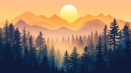 Obraz premium Serene sunrise over misty mountain landscape with silhouetted trees creating a tranquil atmosphere at peak plateau elevation