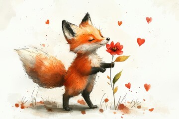 Fototapeta premium Playful baby fox surrounded by heart-shaped confetti capturing joy and innocence in nature