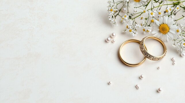 Wedding rings, daisies, pearls on beige.