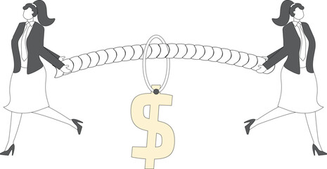 Two businesswomen fighting for dollar sign, concept of business competition