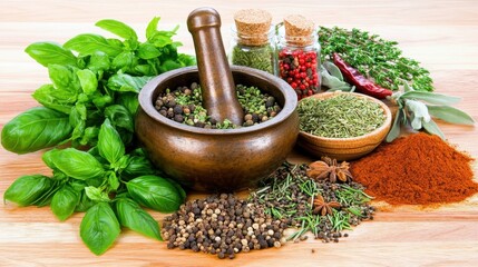 Fresh Herbs and Spices in Wooden Mortar on Kitchen Table