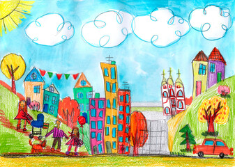 Child drawing buildings and cars. Happy family on a walk. Pencil art in childish style