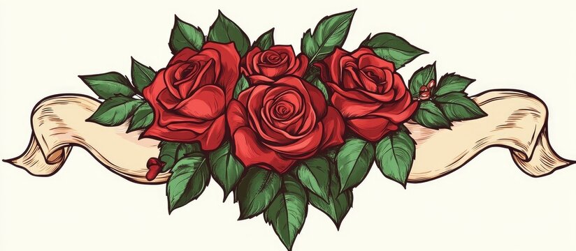 Valentine's Day red roses bouquet with elegant banner celebrating love and romance in a classic vintage style illustration - Powered by Adobe