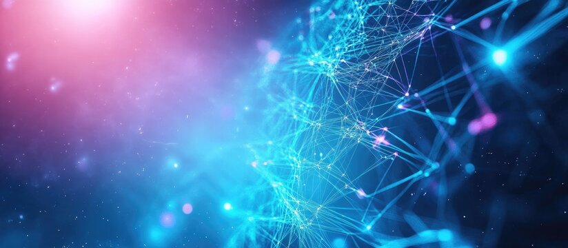 Abstract visualization of high voltage electric energy transmission with futuristic blue and pink network connections representing infrastructure technology.