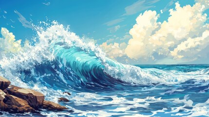 Obraz premium Dramatic ocean wave crashing against rocky shoreline with vibrant splashes of water under a blue sky and fluffy clouds