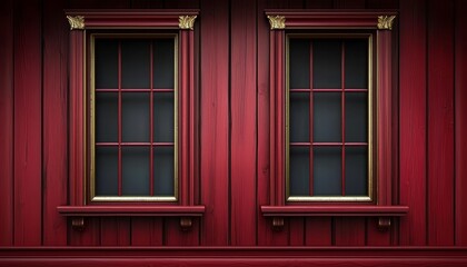 Fototapeta premium Two Ornate Red Windows On Wooden Wall