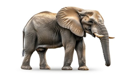 Obraz premium Realistic depiction of an elephant standing alone on a clean white background showcasing its details and textures for artistic and educational use.