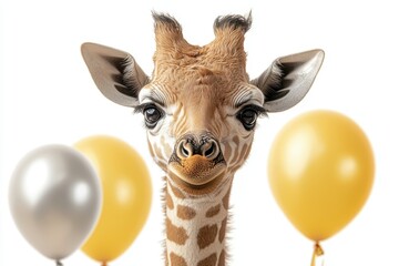 Celebratory baby giraffe surrounded by gold and silver balloons studio setting high fidelity charming viewpoint