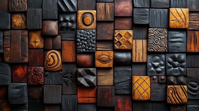 African wood carving with geometric background, tribal art wallpaper texture, traditional decoration, indigenous culture graphic, and abstract pattern or paint for dynamic shape.