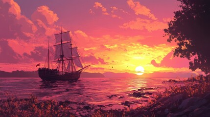 Fototapeta premium Serene sunset over tranquil waters with a sailing ship silhouetted against vibrant colors creating a peaceful coastal landscape.