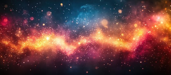 Naklejka premium Colorful fireworks display creating a vibrant cosmic background filled with shimmering lights and sparkling particles for celebration themes.