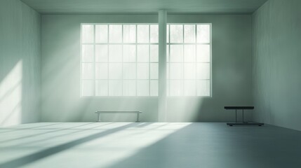 Fototapeta premium Serene Studio Space: Sunlight streams through large industrial windows illuminating a minimalist, empty room. The perfect backdrop for creative projects or design concepts. 
