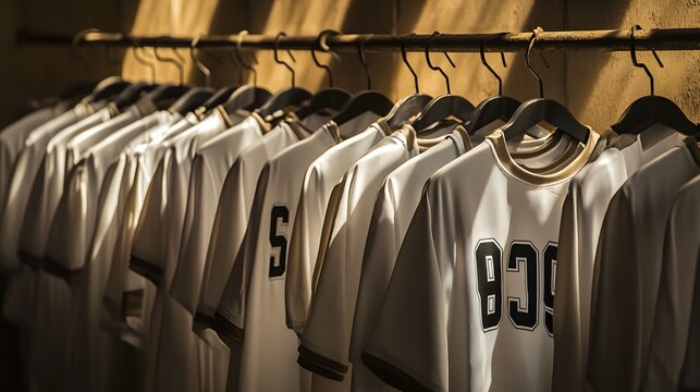 Empty locker room displaying team jerseys on hooks, symbolizing the absence of players yet evoking the spirit of camaraderie and shared achievements