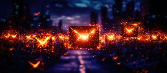 Digital email inbox alert with spam warning symbols representing email security and communication challenges in a futuristic urban setting.