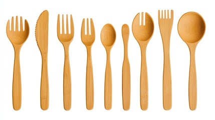 Bamboo cutlery set on white background promoting zero waste and eco-friendly lifestyle with biodegradable materials