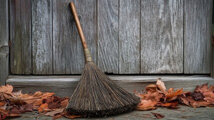 Broom on Autumn Leaves Against a Rustic Wooden Background