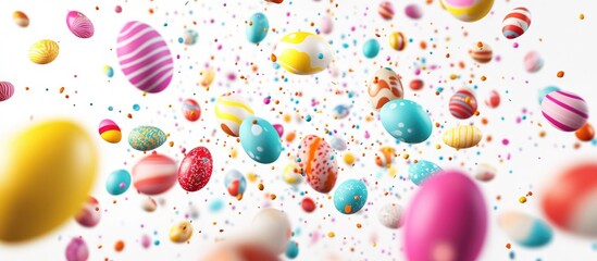 Colorful Easter eggs cascading from above with a festive background ideal for spring celebrations and holiday promotions.