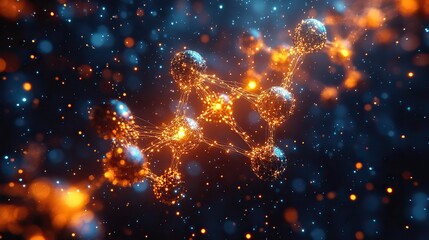 Fototapeta premium An abstract molecule with a network model represents science and connection, symbolizing system structure, biology, future study, and particles with a marble atom graphic.