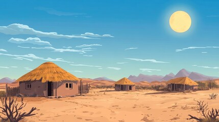 Desert village featuring rondavel shacks under a bright sun with mountains in the background and an arid landscape atmosphere