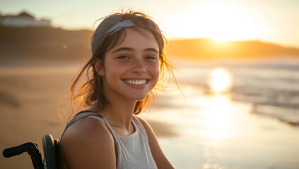 Photo of smiling woman in wheelchair enjoying sunset on beach