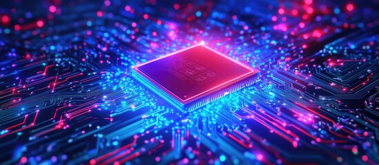 Fototapeta premium Neon illuminated computer graphics card on dark reflective surface showcasing advanced visual design and technology concepts