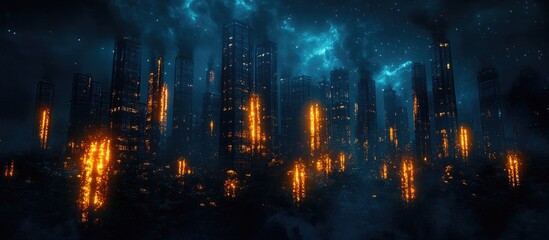 Futuristic cityscape at night with glowing buildings and dramatic clouds showcasing advanced technology and urban energy concepts