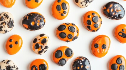 Obraz premium Colorful Halloween cookies in various shapes and patterns arranged on a white background perfect for festive celebrations and seasonal treats