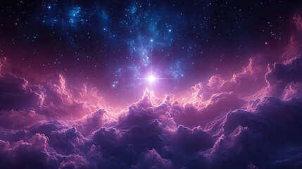 An abstract space scene with a shining star in a nebula represents astronomy, the universe, and the cosmic beauty, with a purple background highlighting the wonders