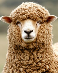 A close-up of a fluffy brown sheep with a gentle expression.