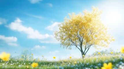Tree with vibrant yellow flowers under a bright blue sky creating a serene nature background perfect for text or inspirational quotes