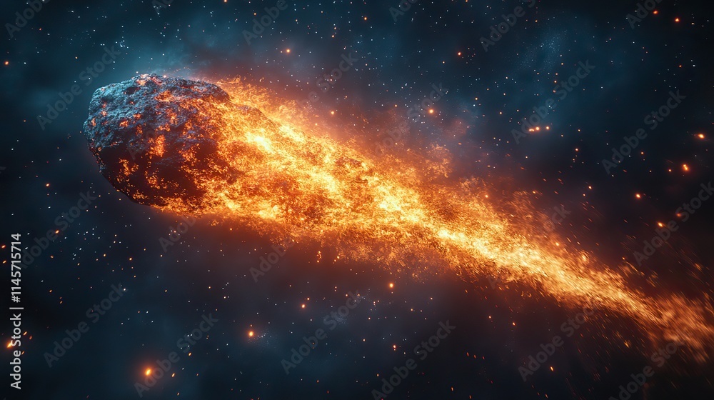 Canvas Prints an abstract universe with a fiery asteroid traveling through space, depicting a potential threat to 