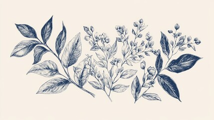 hand drawn Collection plants ilustration with elegant leaves for tatto, invitation, card design. Set of hand drawn outline botanical Floral branch and plant vector illustration
