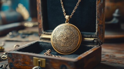 Vintage Ornate Pendant Necklace in Wooden Jewelry Box Display