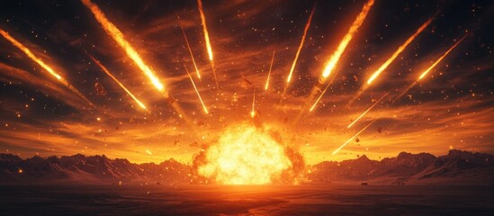 Fireworks cascade in the evening sky depicting advanced air defense missile technology and military tactics in a dramatic sunset backdrop