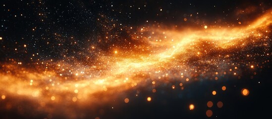 Naklejka premium Golden glitter and sparkling lights on a dark background creating a magical cosmic effect suitable for festive and creative designs