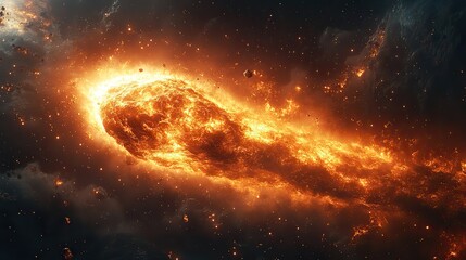 Obraz premium An abstract universe with a fiery asteroid traveling towards Earth, depicting a potential threat from space and the power of cosmic forces.