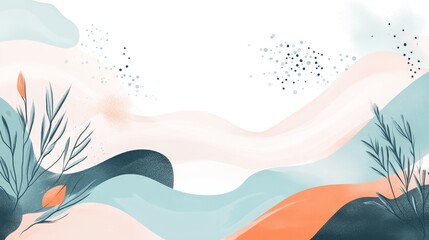 abstract, background illustration featuring soft waves and botanical elements in pastel colors.