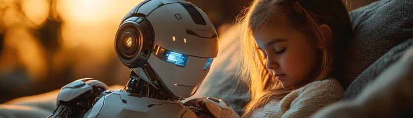 A robotic assistant teaching a child about future technology in an interactive learning environment from a close-up perspective emphasizing ai's role in life