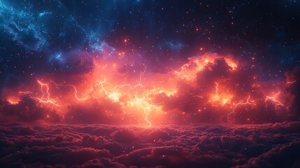 An abstract universe with lightning in the clouds represents cosmic storms, atmosphere, and space, with colorful graphics highlighting the power of electricity and climate change.