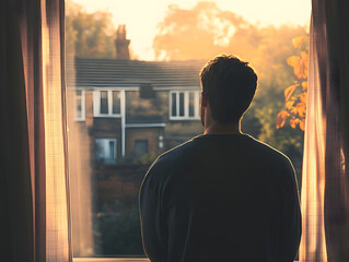 Man Viewing Suburban Street Through Window at Sunrise