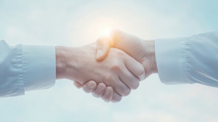 Handshake of Agreement: Two hands clasped in a handshake, signifying partnership, collaboration, and mutual understanding. The bright, ethereal background suggests a positive and promising future. 