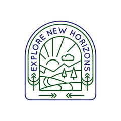 Simple Logo with Explore New Horizons icon. Simple logo with forest and hill icon representing the natural landscape. Suitable for social media, app, and web design. Vector illustration