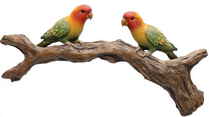 Obraz premium Colorful Decorative Figurines of Tropical Parrots on Wooden Branch