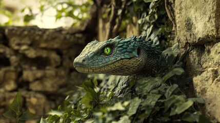 Obraz premium Green-eyed lizard peeking from stone wall foliage.