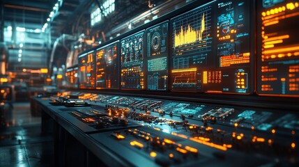 Detailed Industrial Control Room with Advanced Monitoring Displays
