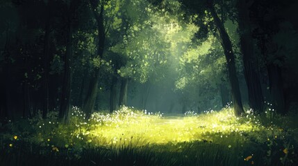 Obraz premium Sunlit Forest Glade Surrounded by Lush Greenery and Wildflowers in a Tranquil Natural Setting