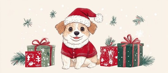 Adorable dog in festive attire surrounded by colorful holiday gifts creating a cheerful Christmas scene with snowflakes and pine branches