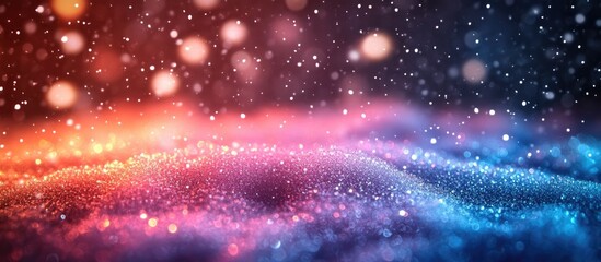 Fototapeta premium Neon light abstract background with vibrant colors and falling snowflakes creating a dreamy winter atmosphere.