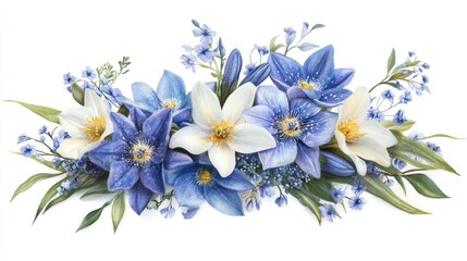 Fototapeta premium Elegant watercolor bouquet of blue and white water lilies with delicate greenery on a clean white background.