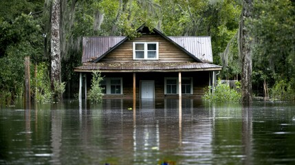 A house submerged in floodwater, highlighting the increase in extreme weather events and rising sea levels due to climate change